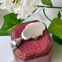 Cargar imagen en el visor de la galería, Vintage Silver Edwardian Style Engraved Locket. Sterling Silver Marquise Locket & Chain. Tall 2-Photo Locket On Curb Chain.