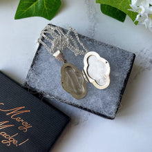 Cargar imagen en el visor de la galería, Vintage Silver Edwardian Style Engraved Locket. Sterling Silver Marquise Locket & Chain. Tall 2-Photo Locket On Curb Chain.