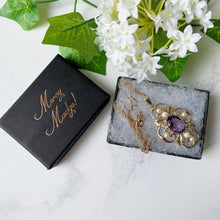 Cargar imagen en el visor de la galería, Vintage English 9ct Gold Amethyst And Cultured Pearl Pendant Necklace. Edwardian/Art Nouveau Style Pendant & Gold Chain. Fine Jewelry Gift.