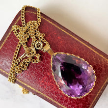 Cargar imagen en el visor de la galería, Vintage 9ct Gold, Huge Pear Cut Amethyst Pendant & Curb Chain Necklace. 35 Carat Amethyst Solitaire Pendant. 1970s Cocktail Jewelry