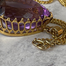 Cargar imagen en el visor de la galería, Vintage 9ct Gold, Huge Pear Cut Amethyst Pendant & Curb Chain Necklace. 35 Carat Amethyst Solitaire Pendant. 1970s Cocktail Jewelry