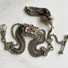 Cargar imagen en el visor de la galería, Antique Victorian Silver Albertina Bracelet. Victorian Sterling Pocket Watch Chain, Enamelled Rose Slider, Tassel, Hearts, T-Bar, Dog-Clip