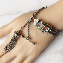 Cargar imagen en el visor de la galería, Antique Victorian Silver Albertina Bracelet. Victorian Sterling Pocket Watch Chain, Enamelled Rose Slider, Tassel, Hearts, T-Bar, Dog-Clip
