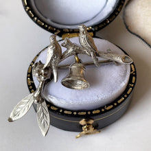 Load image into Gallery viewer, Antique Victorian Silver Sweetheart Brooch. Brides Lapel Pin, Love Birds, Bell, Mistletoe. Alternative Stock, Cravat, Tie Pin For Groom