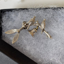 Load image into Gallery viewer, Antique Victorian Silver Sweetheart Brooch. Brides Lapel Pin, Love Birds, Bell, Mistletoe. Alternative Stock, Cravat, Tie Pin For Groom
