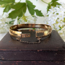 Cargar imagen en el visor de la galería, Vintage 12ct Rolled Gold Bracelet, Harrods Of London. Edwardian Style Excalibur Gold Bracelet. Engraved Fern Flourish Hinged Narrow Bangle.