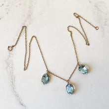 Carica l'immagine nel visualizzatore di Gallery, Antique 9ct Gold Aquamarine Fringe Necklace. Edwardian/Art Nouveau Blue Paste Gemstone Drop Necklace. Marquise 3-Stone Trilogy Necklace