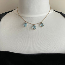 Carica l'immagine nel visualizzatore di Gallery, Antique 9ct Gold Aquamarine Fringe Necklace. Edwardian/Art Nouveau Blue Paste Gemstone Drop Necklace. Marquise 3-Stone Trilogy Necklace