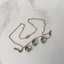 Carica l'immagine nel visualizzatore di Gallery, Antique 9ct Gold Aquamarine Fringe Necklace. Edwardian/Art Nouveau Blue Paste Gemstone Drop Necklace. Marquise 3-Stone Trilogy Necklace