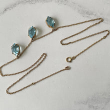 Carica l'immagine nel visualizzatore di Gallery, Antique 9ct Gold Aquamarine Fringe Necklace. Edwardian/Art Nouveau Blue Paste Gemstone Drop Necklace. Marquise 3-Stone Trilogy Necklace