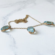 Carica l'immagine nel visualizzatore di Gallery, Antique 9ct Gold Aquamarine Fringe Necklace. Edwardian/Art Nouveau Blue Paste Gemstone Drop Necklace. Marquise 3-Stone Trilogy Necklace