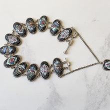 Cargar imagen en el visor de la galería, Antique Victorian Silver Enamel Bracelet With Heart Charm. Hand Painted Panel Bracelet, Flowers, Fauna, Birds. Venetian Souvenir Bracelet