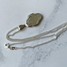 Cargar imagen en el visor de la galería, Vintage Silver Edwardian Style Engraved Locket. Sterling Silver Marquise Locket & Chain. Tall 2-Photo Locket On Curb Chain.