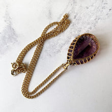 Cargar imagen en el visor de la galería, Vintage 9ct Gold, Huge Pear Cut Amethyst Pendant & Curb Chain Necklace. 35 Carat Amethyst Solitaire Pendant. 1970s Cocktail Jewelry