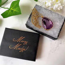Cargar imagen en el visor de la galería, Vintage 9ct Gold, Huge Pear Cut Amethyst Pendant & Curb Chain Necklace. 35 Carat Amethyst Solitaire Pendant. 1970s Cocktail Jewelry