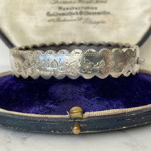 Cargar imagen en el visor de la galería, Antique Victorian Engraved Silver Narrow Bracelet. Aesthetic Engraved Rose Sweetheart Bracelet. Victorian Sterling Silver Pie Crust Bangle