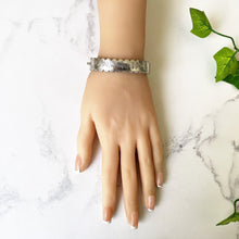 Cargar imagen en el visor de la galería, Antique Victorian Engraved Silver Narrow Bracelet. Aesthetic Engraved Rose Sweetheart Bracelet. Victorian Sterling Silver Pie Crust Bangle