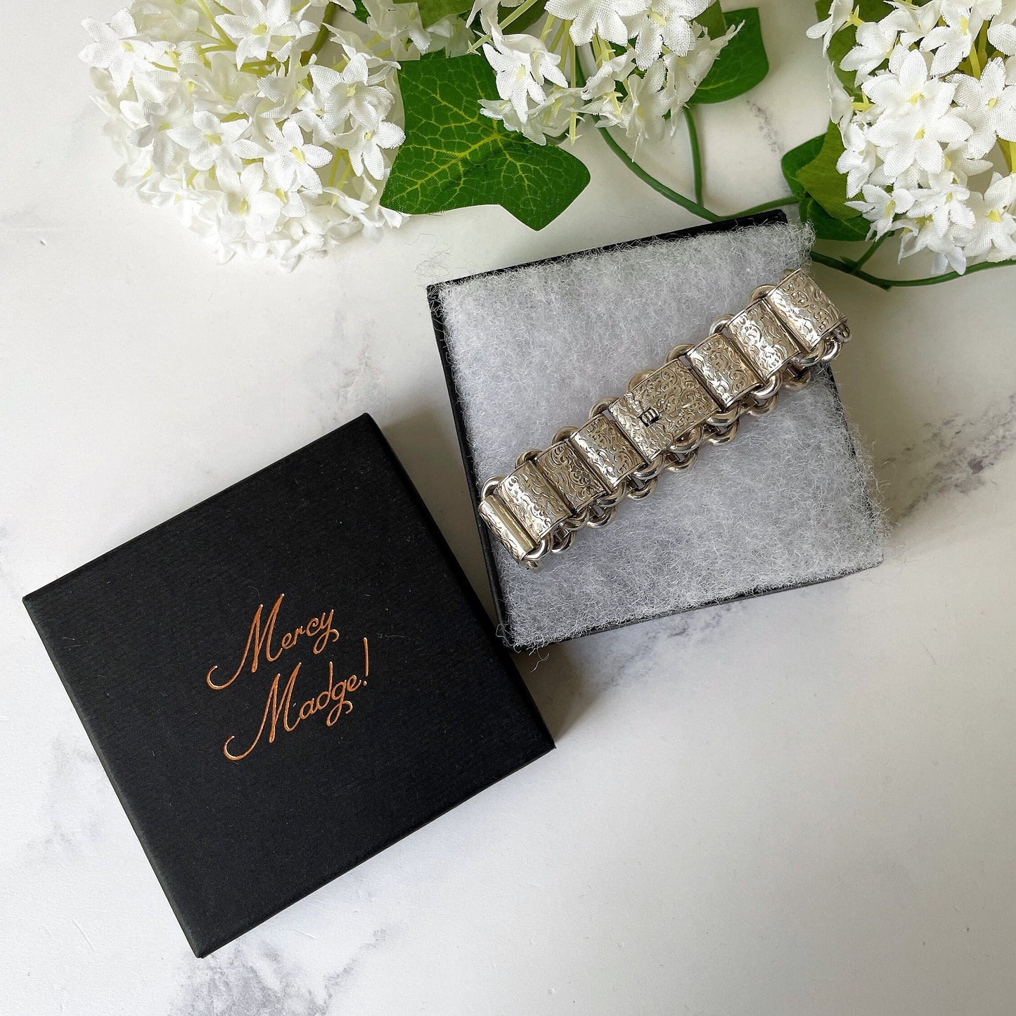 Antique Victorian Sterling Silver Book Chain Bracelet. Victorian Aesthetic Engraved Wide Bookchain Bracelet. Floral Engraved Belt Bracelet