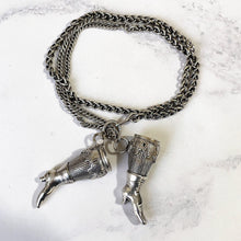 Charger l'image dans la galerie, Antique Georgian Silver Y-Chain With Boot Needle Guards. Victorian Sterling Silver Chatelaine Chain Bracelet & Figural Lady's Boot Charms