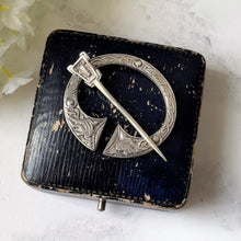 Cargar imagen en el visor de la galería, Antique Scottish Silver Celtic Penannular Pin In Case. Engraved Sterling Silver Celtic Knot & Bird Circle Brooch. Antique Scottish Jewellery
