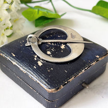 Cargar imagen en el visor de la galería, Antique Scottish Silver Celtic Penannular Pin In Case. Engraved Sterling Silver Celtic Knot & Bird Circle Brooch. Antique Scottish Jewellery