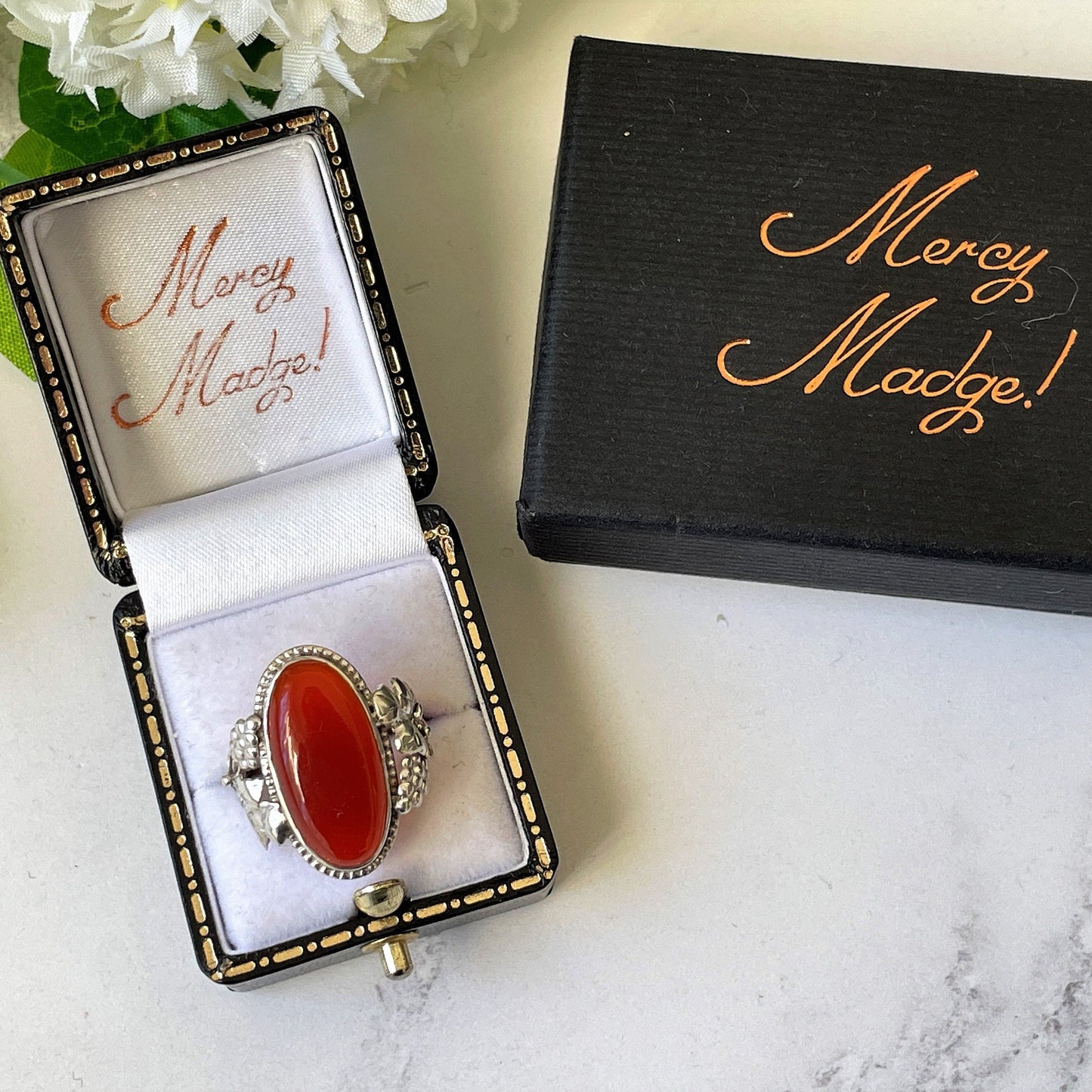 Antique Arts & Crafts Silver Carnelian Ring. Art Nouveau Sterling Silver Grapevine Ring, Size UK/O, US /7. Edwardian Carnelian Cabochon Ring