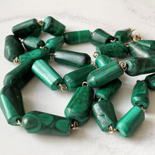 Cargar imagen en el visor de la galería, Vintage 14K Gold Filled Malachite Gemstone Necklace. Malachite Cone Bead Necklace 25" /64cm Long. Natural Polished Malachite Necklace.