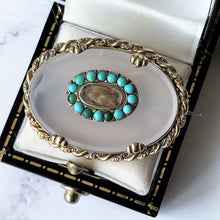 Cargar imagen en el visor de la galería, Antique Victorian Turquoise & White Chalcedony Mourning Brooch. Silver, Gold Gilt Locket Brooch With Hair Compartment. Antique Jewelry