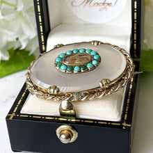 Cargar imagen en el visor de la galería, Antique Victorian Turquoise & White Chalcedony Mourning Brooch. Silver, Gold Gilt Locket Brooch With Hair Compartment. Antique Jewelry