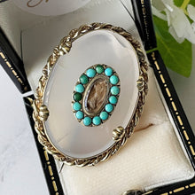 Cargar imagen en el visor de la galería, Antique Victorian Turquoise & White Chalcedony Mourning Brooch. Silver, Gold Gilt Locket Brooch With Hair Compartment. Antique Jewelry