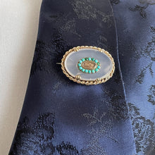 Cargar imagen en el visor de la galería, Antique Victorian Turquoise & White Chalcedony Mourning Brooch. Silver, Gold Gilt Locket Brooch With Hair Compartment. Antique Jewelry