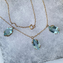 Carica l'immagine nel visualizzatore di Gallery, Antique 9ct Gold Aquamarine Fringe Necklace. Edwardian/Art Nouveau Blue Paste Gemstone Drop Necklace. Marquise 3-Stone Trilogy Necklace