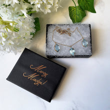 Carica l'immagine nel visualizzatore di Gallery, Antique 9ct Gold Aquamarine Fringe Necklace. Edwardian/Art Nouveau Blue Paste Gemstone Drop Necklace. Marquise 3-Stone Trilogy Necklace
