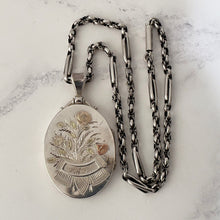 Load image into Gallery viewer, Antique Silver Locket Necklace. Victorian Oversized Locket With Photos &amp; Book Chain. Rose, Yellow Gold Aesthetic Engraved Floral Locket
