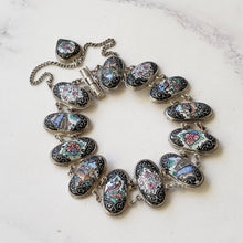 Cargar imagen en el visor de la galería, Antique Victorian Silver Enamel Bracelet With Heart Charm. Hand Painted Panel Bracelet, Flowers, Fauna, Birds. Venetian Souvenir Bracelet