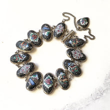 Cargar imagen en el visor de la galería, Antique Victorian Silver Enamel Bracelet With Heart Charm. Hand Painted Panel Bracelet, Flowers, Fauna, Birds. Venetian Souvenir Bracelet