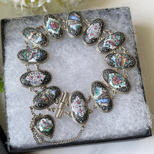 Cargar imagen en el visor de la galería, Antique Victorian Silver Enamel Bracelet With Heart Charm. Hand Painted Panel Bracelet, Flowers, Fauna, Birds. Venetian Souvenir Bracelet
