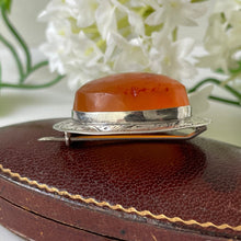 Cargar imagen en el visor de la galería, Antique Victorian Scottish Carnelian Brooch. Floral Engraved Sterling Silver Celtic Disc Brooch. Antique Victorian Scottish Pebble Jewellery