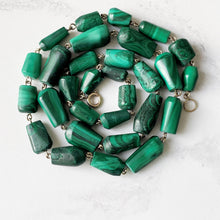 Cargar imagen en el visor de la galería, Vintage 14K Gold Filled Malachite Gemstone Necklace. Malachite Cone Bead Necklace 25" /64cm Long. Natural Polished Malachite Necklace.