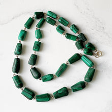 Cargar imagen en el visor de la galería, Vintage 14K Gold Filled Malachite Gemstone Necklace. Malachite Cone Bead Necklace 25" /64cm Long. Natural Polished Malachite Necklace.