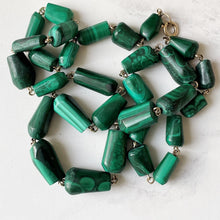Cargar imagen en el visor de la galería, Vintage 14K Gold Filled Malachite Gemstone Necklace. Malachite Cone Bead Necklace 25" /64cm Long. Natural Polished Malachite Necklace.