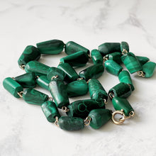 Cargar imagen en el visor de la galería, Vintage 14K Gold Filled Malachite Gemstone Necklace. Malachite Cone Bead Necklace 25" /64cm Long. Natural Polished Malachite Necklace.