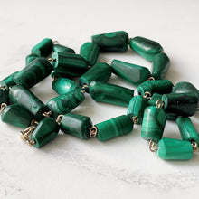 Cargar imagen en el visor de la galería, Vintage 14K Gold Filled Malachite Gemstone Necklace. Malachite Cone Bead Necklace 25" /64cm Long. Natural Polished Malachite Necklace.