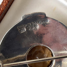 Cargar imagen en el visor de la galería, Vintage Scottish Silver Smoky Quartz Cairngorm Brooch. Celtic Cross Disc Brooch, James Coull Edinburgh 1967. Sterling Silver Ring Brooch.