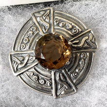 Cargar imagen en el visor de la galería, Vintage Scottish Silver Smoky Quartz Cairngorm Brooch. Celtic Cross Disc Brooch, James Coull Edinburgh 1967. Sterling Silver Ring Brooch.