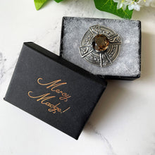 Cargar imagen en el visor de la galería, Vintage Scottish Silver Smoky Quartz Cairngorm Brooch. Celtic Cross Disc Brooch, James Coull Edinburgh 1967. Sterling Silver Ring Brooch.