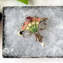 Carica l'immagine nel visualizzatore di Gallery, Antique Art Nouveau Plique A Jour Enamel Brooch. Gold Silver Gilt, Pink Tourmaline & Pearl Drop Brooch. Levinger Bissinger Jewelry, Germany
