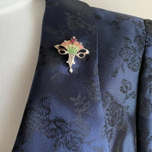 Carica l'immagine nel visualizzatore di Gallery, Antique Art Nouveau Plique A Jour Enamel Brooch. Gold Silver Gilt, Pink Tourmaline & Pearl Drop Brooch. Levinger Bissinger Jewelry, Germany