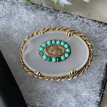 Cargar imagen en el visor de la galería, Antique Victorian Turquoise & White Chalcedony Mourning Brooch. Silver, Gold Gilt Locket Brooch With Hair Compartment. Antique Jewelry