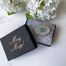 Cargar imagen en el visor de la galería, Antique Victorian Turquoise & White Chalcedony Mourning Brooch. Silver, Gold Gilt Locket Brooch With Hair Compartment. Antique Jewelry